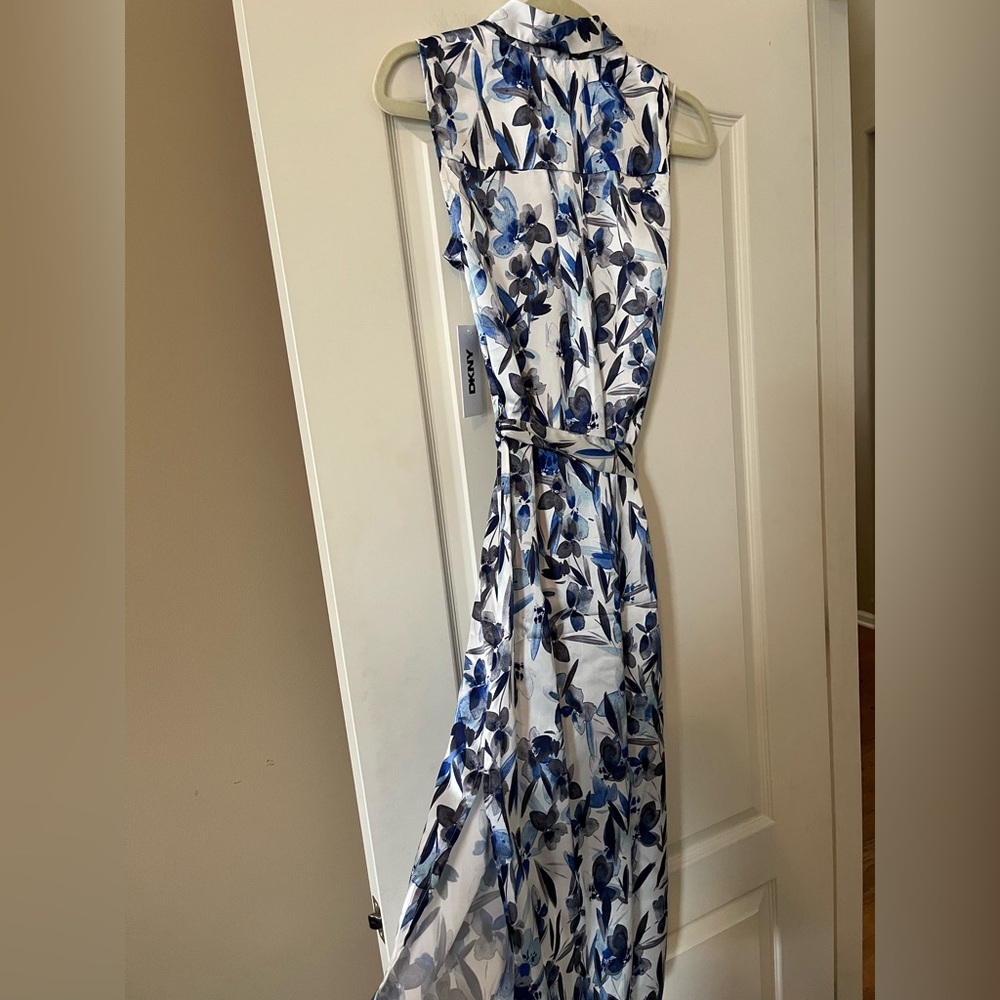 DKNY Floral Blue and White Belted Sleeveless Dress Women’s Size 2 - Picture 7 of 14